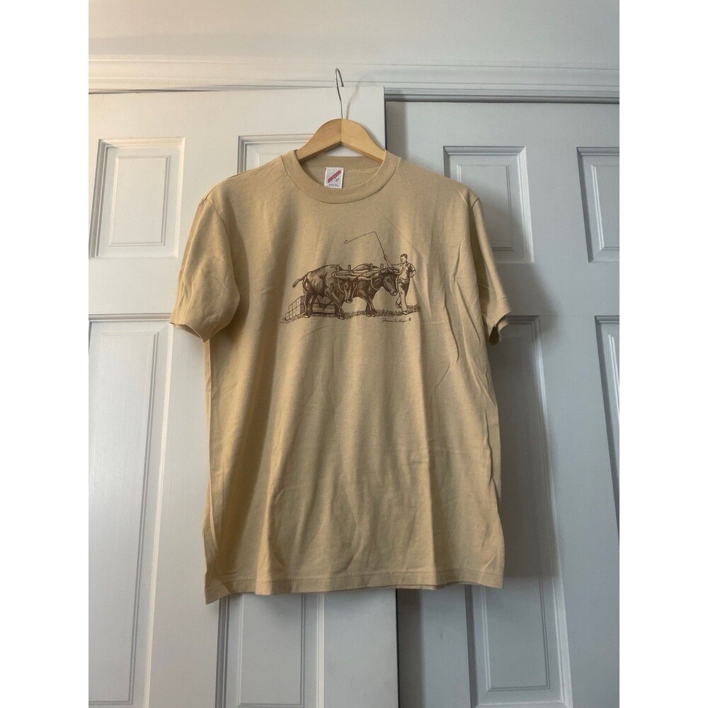 VTG Jerzees T Shirt Large L Tan Graphic Oxen Farming Plow Made in USA 80s 90s